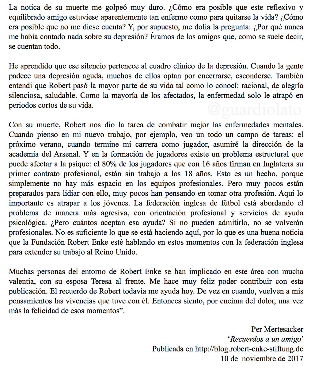 Guardiolato's tweet photo. Hoy se cumplen 14 años de la muerte de Robert Enke y, como cada aniversario, toca recordar las palabras que le dedicó Per Mertesacker, su gran amigo, en una emotiva carta publicada en el blog de la Fundación Robert Enke. Sobre la amistad y la depresión. https://t.co/6WgIfzMuV6