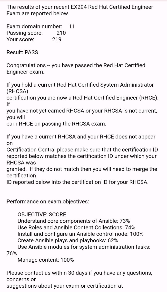 Pass the exam. ಸತತವಾಗಿ 4 ಪ್ರಯತ್ನದ ನಂತರ ಪಾಸ್ ಅದೆ.

ಸ್ವಲ್ಪ ದಿನ ಯಾವ certification ಮಾಡೋಲ್ಲ.

It was my dream to earn #RHCE certificate. ❤️❤️❤️

Thanks for the moral support on previous tweets.