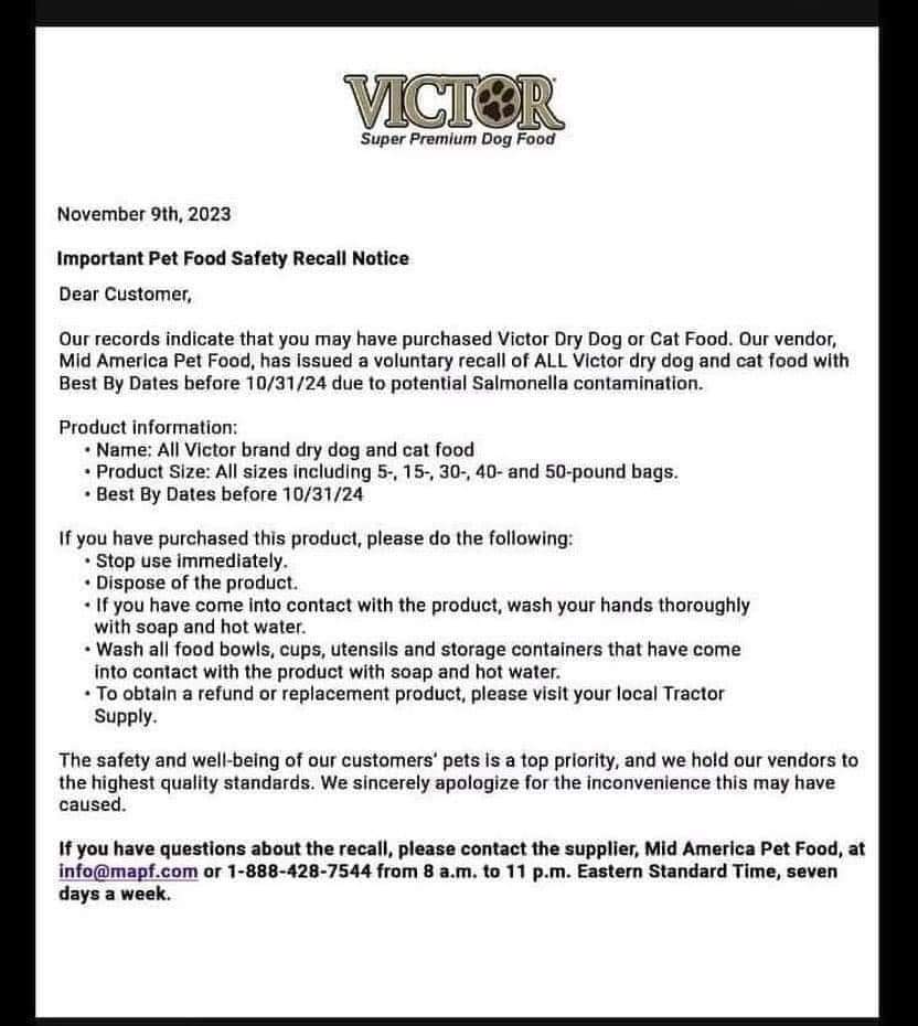 If anyone has not yet received this message:

Victor Brand Dog and Cat food recall!! 

@PetsLifestyle1 @ycsm_shelter @Doglovers_26 @thehappydog_ @happyhoundhaven