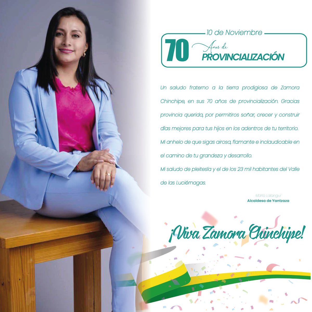 🤍💚💛 ¡Mi saludo fraterno desde #Yantzaza, a la grandiosa #ZamoraChinchipe majestuosa, luchadora y de gente acogedora e incansable.💪

¡Felices 7️⃣0️⃣ Años! #VivaZamoraChinchipe