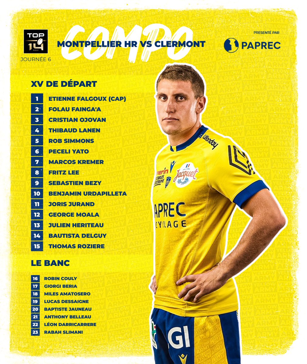 ASMOfficiel's tweet photo. 📢 𝙇𝙖 𝘾𝙤𝙢𝙥𝙤 💛💙
Première pour Kremer, Roziere à l’arrière
📍Samedi à 17h00 au #GGLStadium
#J6 @top14rugby
👉 plus d'infos https://t.co/h0w1yDU65Z
#MHRASM | #YellowArmy https://t.co/omyDFunHKu