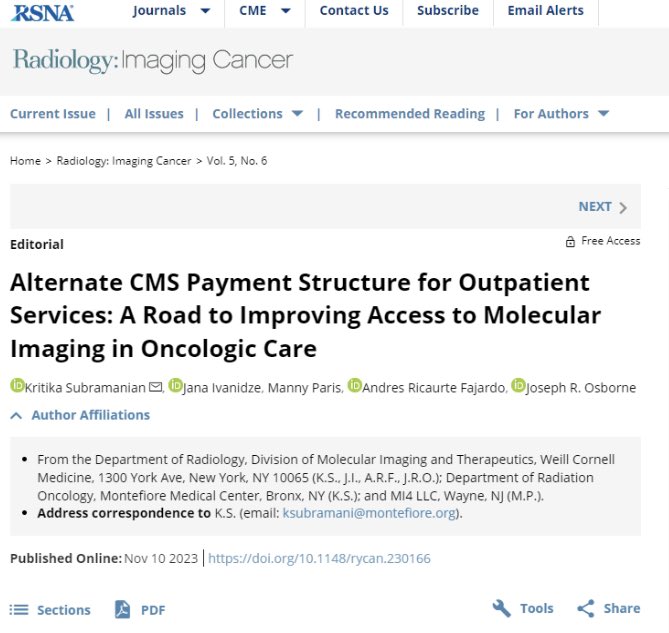 Great news! Our division is proud to share our latest article published in Radiology: Imaging Cancer @RadIC_Editor @RSNA. Huge congrats to lead author @krkksub and co-authors @JOsbMD @MannyParis1 @AndresRicaurte1! Check it out here: pubs.rsna.org/eprint/VDTWHMG… @SNM_MI @WCMRadiology