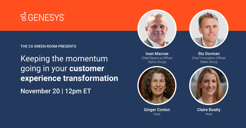 Genesys's tweet photo. It's time to continue the momentum in your contact center transformation 📈

Join Genesys experts @customeralchemy and @ClaireBeatty7 back in the #CXGreenRoom with special guests Stuart Dorman, Chief innovation Officer, and Ioan Macrae, Chief Revenue Officer at @sabiogroup.