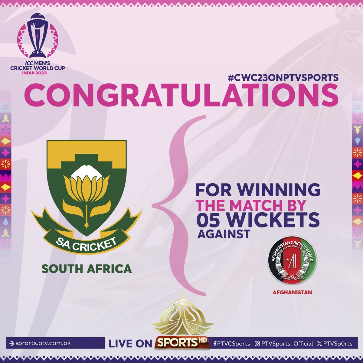 PTVSp0rts's tweet photo. Congratulations South Africa for a Fantastic WIN.
#CWC23onPTVSports
#AFGvsSA
@ACBofficials
@ProteasMenCSA https://t.co/tpsYXDEYe3