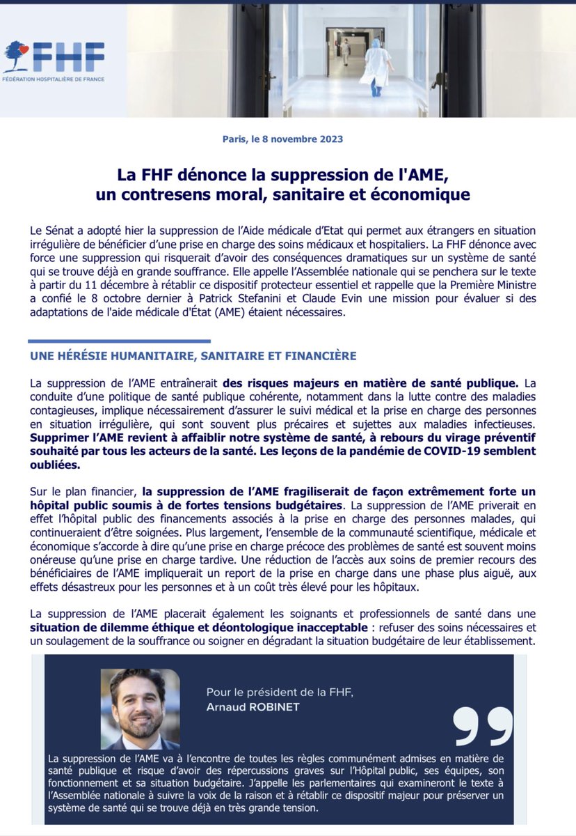 La droite sénatoriale dérape et supprime l’AME, l’aide médicale d’état. Président du conseil de surveillance de l’hôpital de Morlaix, je m’associe pleinement au communiqué de la FHF (fédération hospitalière de France). L’attitude de la droite sénatoriale est un contresens moral