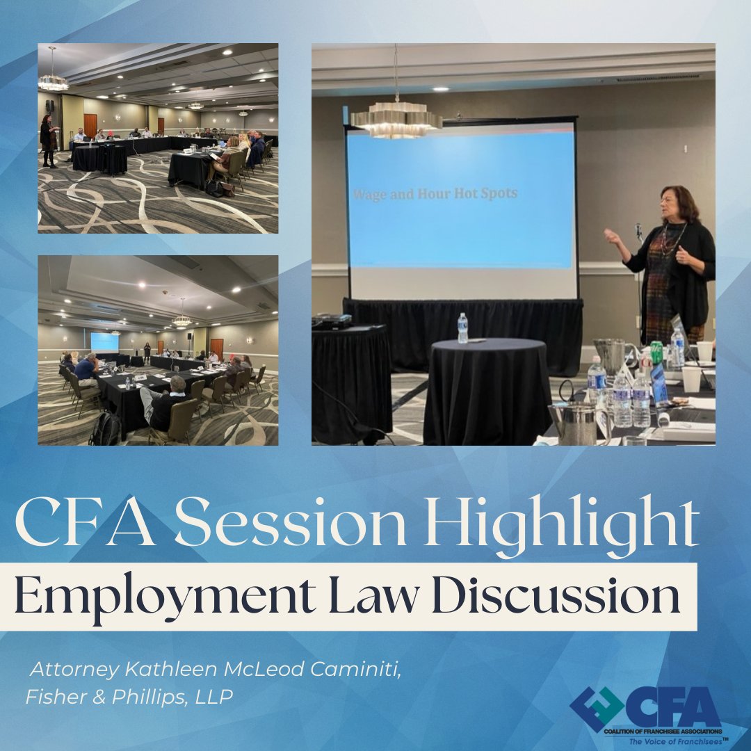 CFA held an employment law discussion last week led by Fisher & Phillips LLP attorney Kathleen McLeod Caminiti in New Jersey. Mrs. Caminiti educated the CFA Board on many employment issues facing franchisees throughout the country. #CFA #VoiceOfFranchisees #Franchising