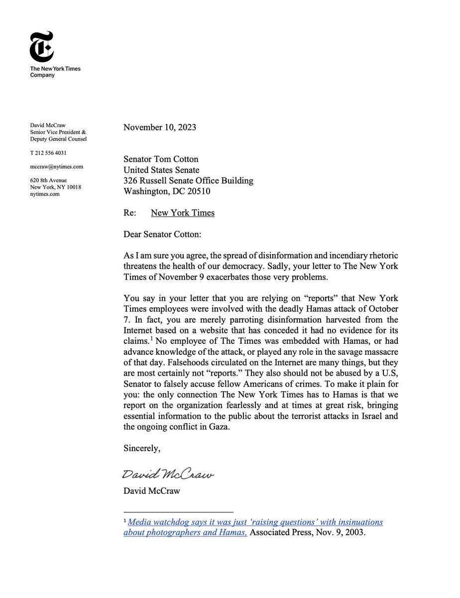 <a href="/SenTomCotton/">Tom Cotton</a> Deputy General Counsel for The New York Times David McCraw responded to Senator Cotton this morning.