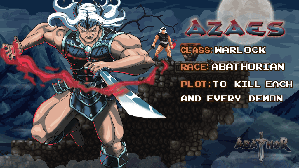 Abathor_Game's tweet photo. Azaes is half demon from the world of #Abathor and half mortal. The Abathorian demons killed his mortal beloved, and now he seeks revenge by destroying them.

#RetroGames #Retrogaming #RetroGamer #RetroCoop #Coop #Arcade https://t.co/crWYs62awx