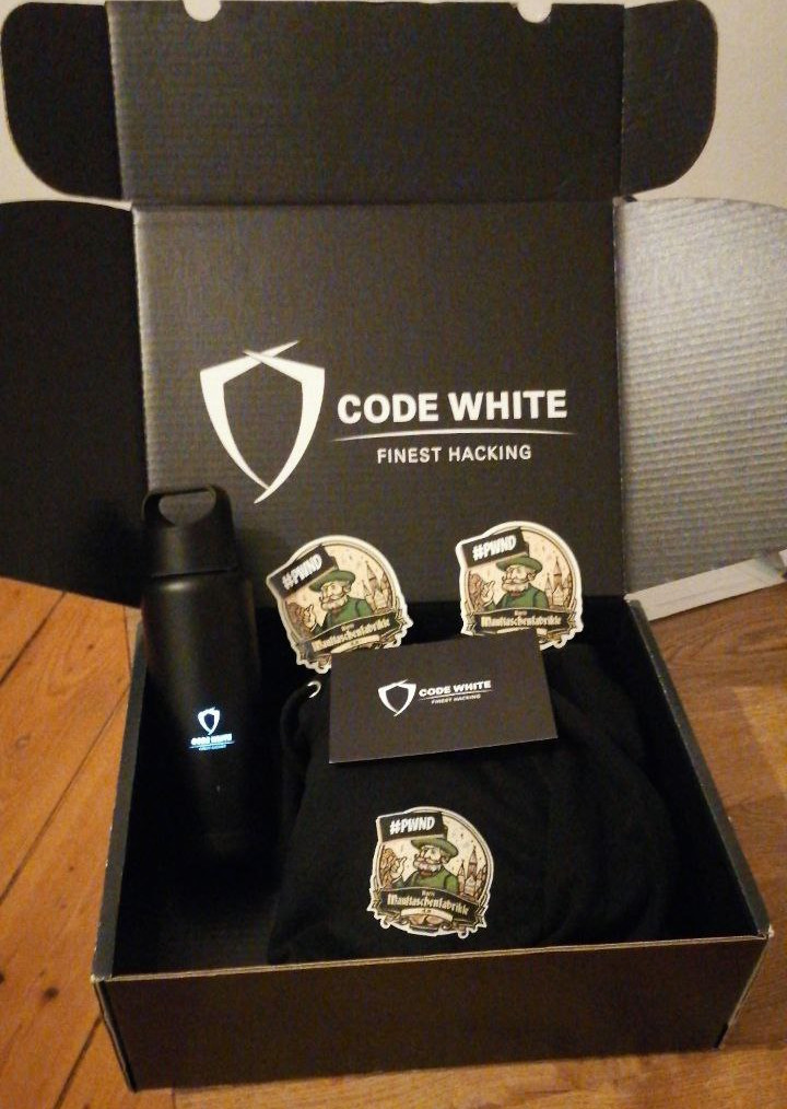 Participated in <a href="/codewhitesec/">CODE WHITE GmbH</a>'s challenge "Kurts Maultaschenfabrikle" for the first time, thanks for this amazing CTF and the swag box!
And yes, the logo on the bottle light's up :p

#maultaschenfabrikle #ctf
