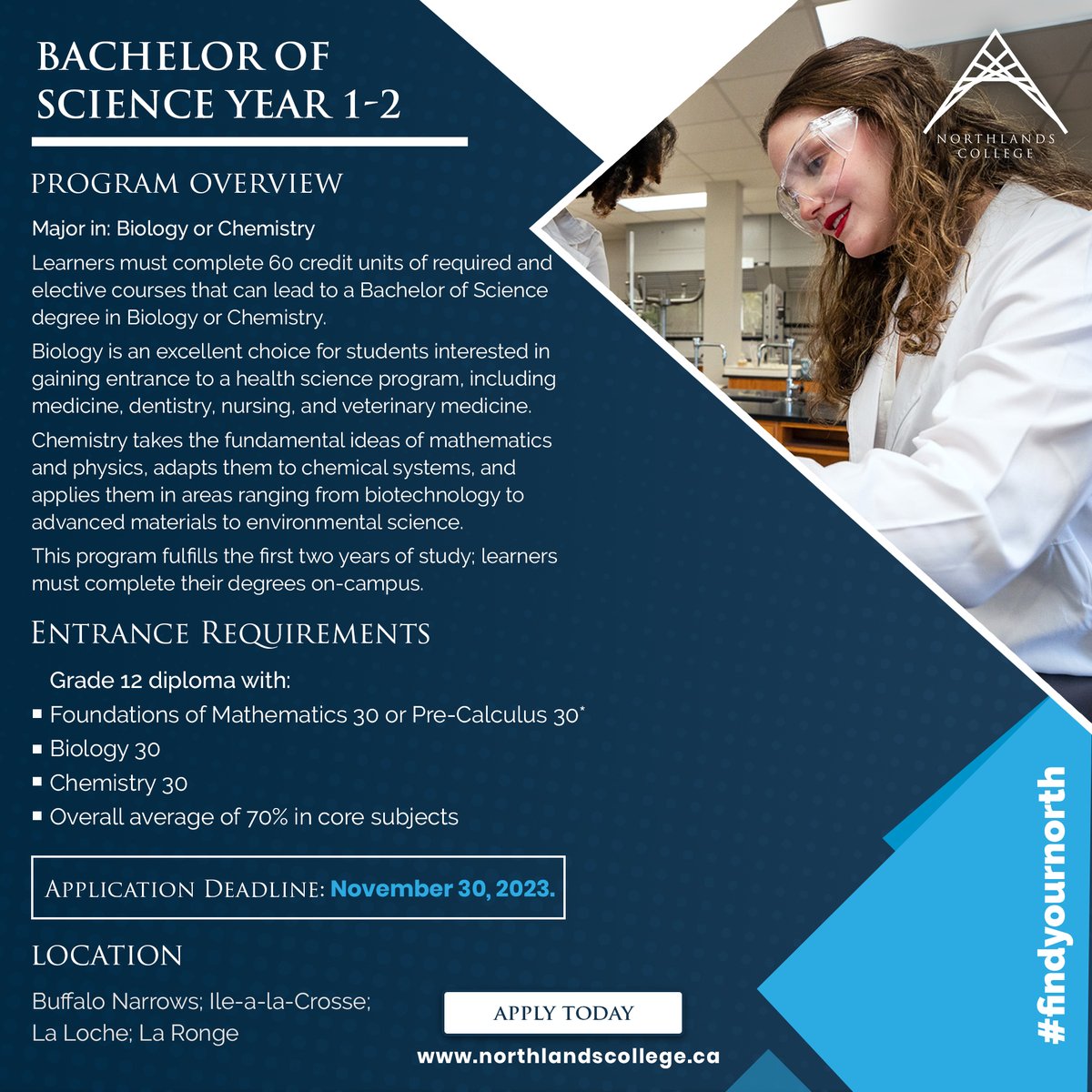 NorthlandsColg's tweet image. Dive into the world of discovery with our Bachelor of Science course. Discover your scientific potential and embark on a journey of exploration and understanding.

Enroll Today: northlandscollege.ca/bachelor-of-sc…

#northlandscollege #BachelorDegree #ScienceExploration #findyournorth