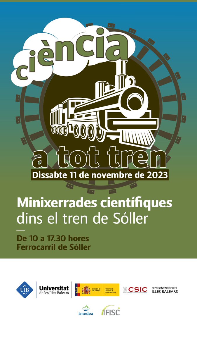 🚂𝗩𝗶𝗮𝗷𝗲𝗿𝗼𝘀 𝗮𝗹 𝘁𝗿𝗲𝗻!! 𝗗𝗲𝘀𝘁𝗶𝗻𝗼: 𝗹𝗮 𝗖𝗶𝗲𝗻𝗰𝗶𝗮!! 
Mañana partimos en un viaje hacia el conocimiento científico.
Investigadores del 𝐈𝐌𝐄𝐃𝐄𝐀 (CSIC-UIB) nos ofrecerán unas micro-charlas en el Tren de Sóller. 
#SemanaCiencia2023 #cienciaatottren23