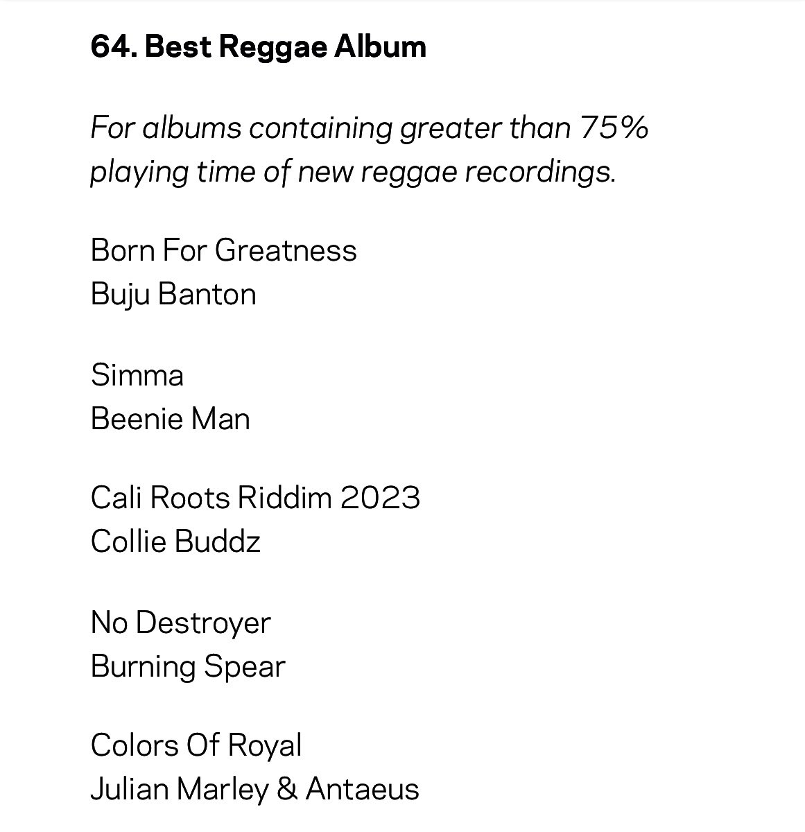 RSMoody's tweet photo. Congratulations to all the 2023 #Grammy nominees in the Best Reggae Album category !!!🇯🇲🇯🇲🇯🇲🎶🎶🎶 @bujubanton @kingbeenieman @julianrmarley @realcolliebuddz @officialburningspear @recordingacademy https://t.co/HJuiZw9Bpf https://t.co/dOgzP836G7