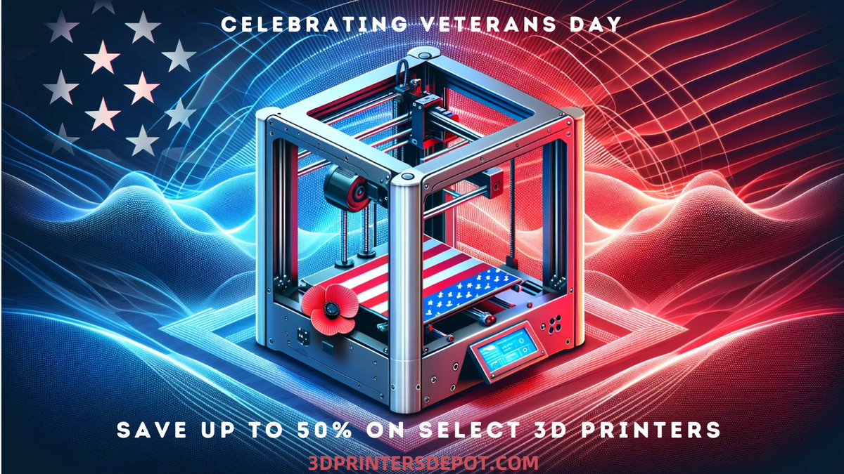 3dprintersdepot's tweet photo. Honor #VeteransDay with tech! Get up to 50% off 3D printers &amp; more at our Veterans Day Salute Sale. Create with pride! 🇺🇸✨ #3DPrinting #TechSale #3DPrinterSale #3DPrintWorld #PrintedInnovation #3DTechnology #VeteransDayDeal #InnovateToHonor #PrintWithPride #DealAlert https://t.co/iMKHWdPYGz