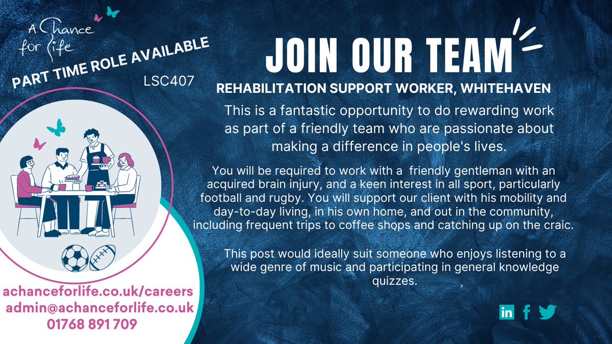Seeking Part Time Rehabilitation Support Worker in #whitehaven. 
Our client has a keen interest in all sport, but particularly football and rugby, and enjoys seeing local matches.
Find out more today by reading the full job description on our website: bit.ly/3Mw9ktA
