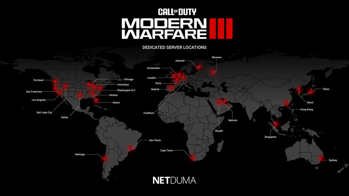 NETDUMA's tweet photo. In case you missed it from the beta, here's the #MW3 server locations🌍
Make sure you are playing on the best servers over the launch weekend🔥
#MW3 #MWIII #DumaOS https://t.co/HoEMdT1gpX
