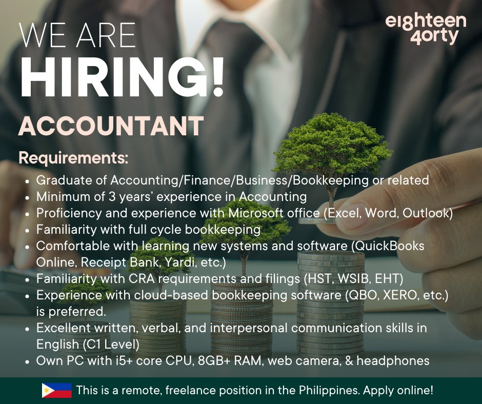 1840andCompany's tweet image. We are hiring an Accounting Associate based in the Philippines. 

Learn more and apply here 👉 bit.ly/3FSok15 

#AccountingAssociate #Remotework #Freelancing #Philippines
