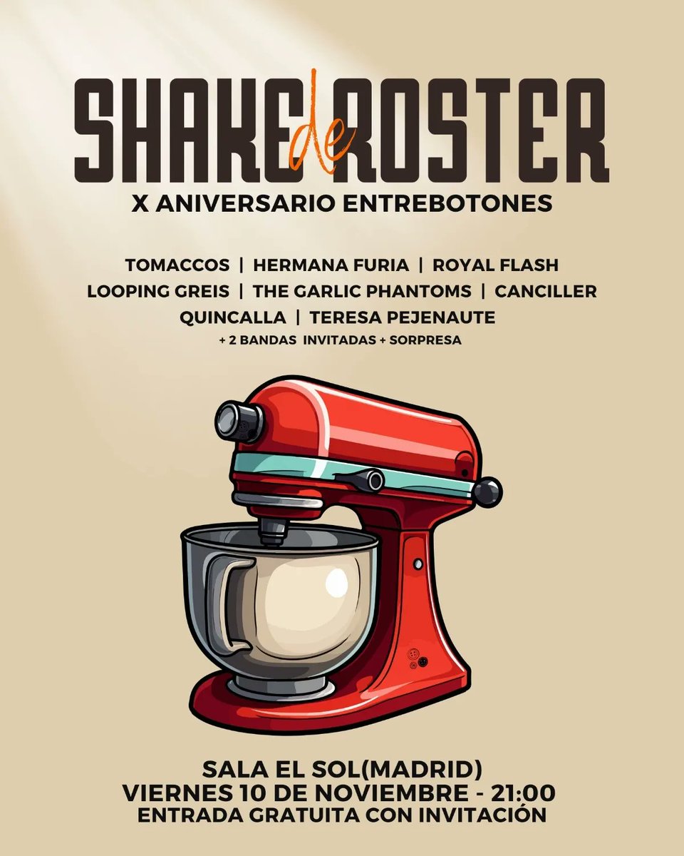 Esta noche nos vemos en la fiestecita Shake de Rooster que ha organizado @entre_botones para celebrar su 10 aniversario 🎂 

Vendrán muchos amigos, bandas y además os tenemos preparada una sorpresita 😉 

Todo ello gratis 🔥 en la <a href="/SalaElSol/">Sala El Sol</a> a partir de las 21:00.