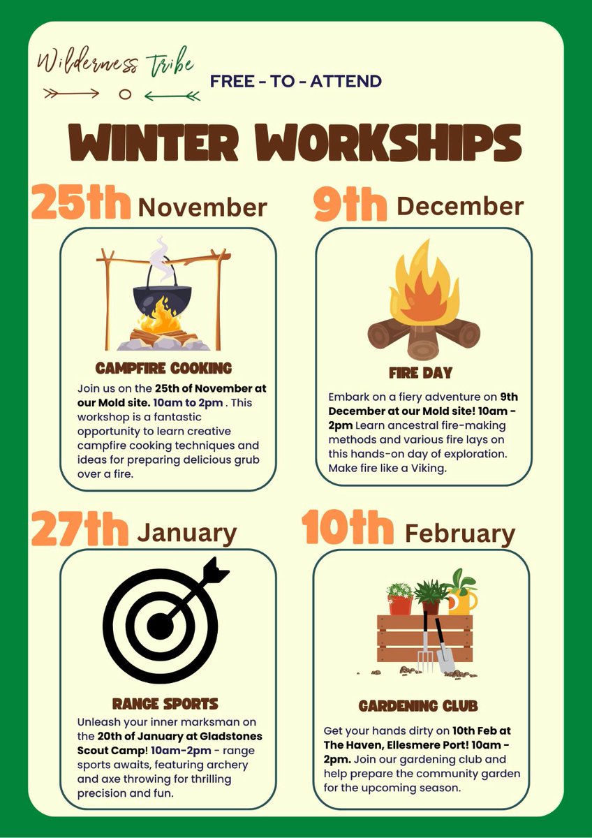 FREE winter events for men in NWales and Cheshire.  Learn skills and boost wellbeing. I’d be grateful if you could share with anyone interested. Book here lnkd.in/etgA28_C #northwales #cheshire #wellbeing #bushcraft #mentalhealth #ellesmereport #chester #flintshire #mold