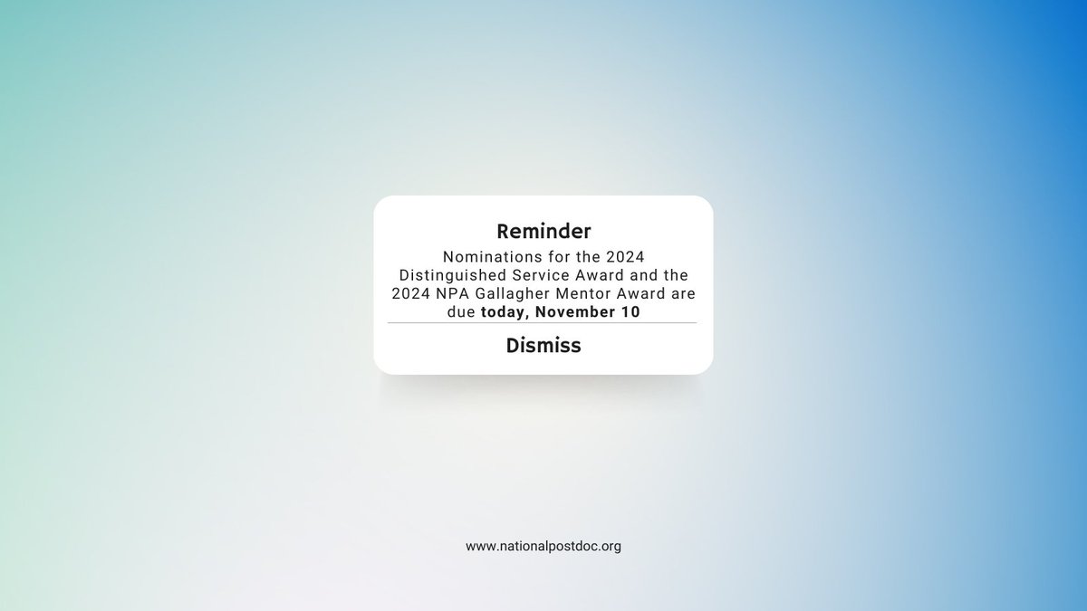 nationalpostdoc's tweet image. Today is the deadline to nominate someone for the 2024 Distinguished Service Award &amp;amp; the 2024 NPA Gallagher Mentor Award // #MentorAward #DSA #postdoctoralscholars #postdocoffices #postdocassociations

ℹ️DSA 🔗➡️ow.ly/ripZ50Q4EIv
ℹ️Mentor Award🔗➡️ ow.ly/fyjJ50Q4EIu
