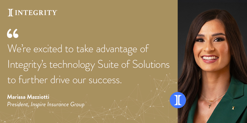Marissa Mazziotti of Inspire Insurance Group voices her enthusiasm about harnessing Integrity’s technology Suite of Solutions for heightened success. We are so excited about this amazing partnership! Learn more: bit.ly/47n8Eic 

#Announcement #IntegrityPartnership