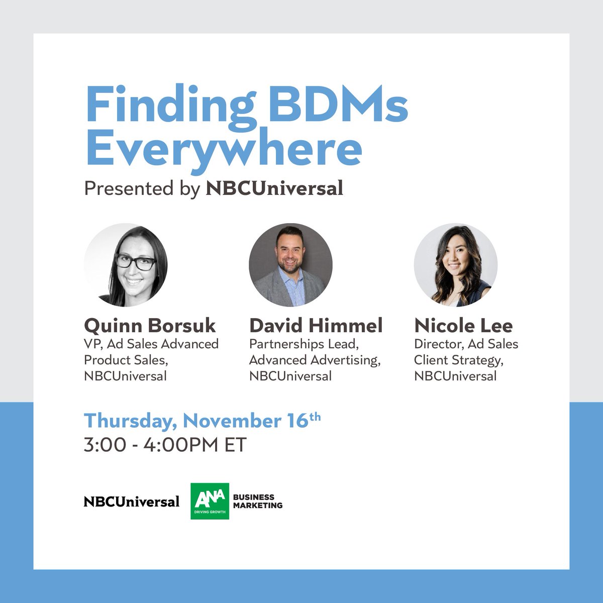 Register for our webinar in partnership with <a href="/ANAmarketers/">The ANA</a>: Finding BDMs Everywhere. Hear from <a href="/NBCUniversal/">NBCUniversal</a> Audience Targeting experts Quinn Borsuk, David Himmel, and Nicole Lee on how B2B marketers can employ a data-driven approach to reach today's dynamic business audiences.