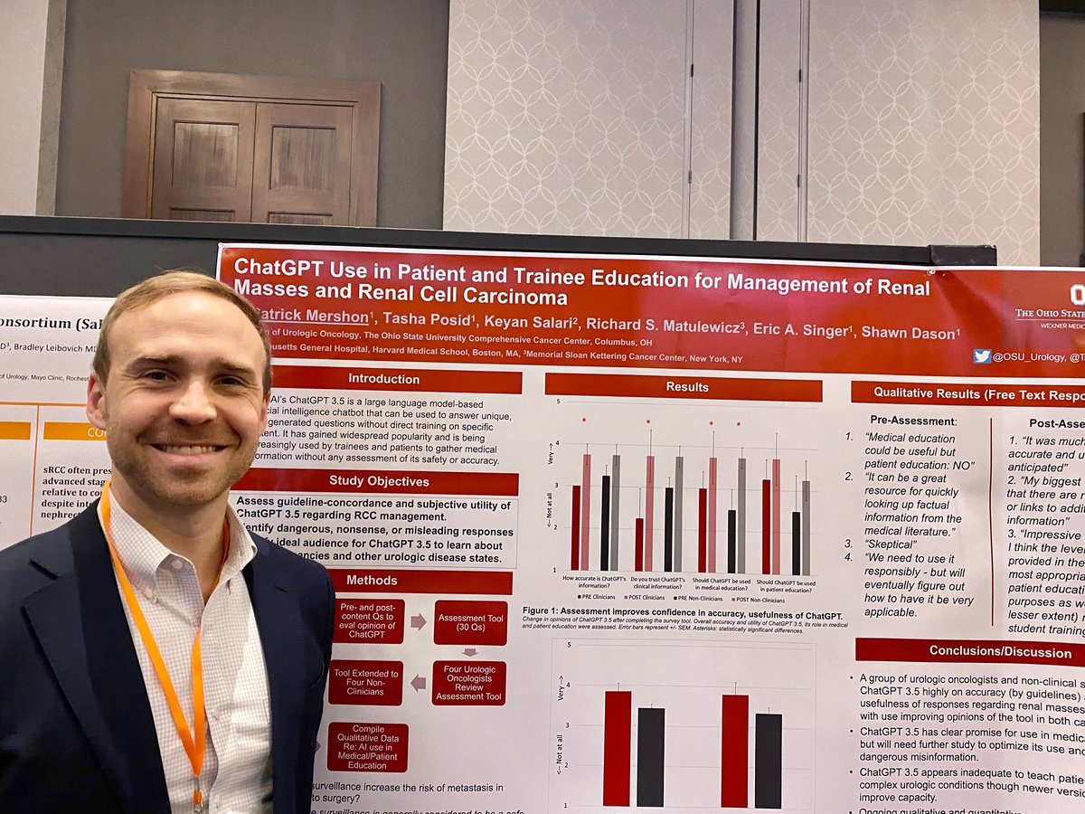Ohio State Wexner Medical Center Urology Dept. (@osu_urology) on Twitter photo Great work PGY4 Patrick Mershon, who presented his research on #chatgpt at the International Kidney Cancer Symposium 2023 in Nashville, TN! 👏👏 <a href="/OSUWexMed/">The Ohio State University Wexner Medical Center</a> <a href="/TashaPosidPhD/">Tasha Posid, PhD</a> <a href="/shawndason/">Shawn Dason</a> 📸 <a href="/eric_facs/">Eric A. Singer, MD, MA, MS, FACS, FASCO</a> Great work PGY4 Patrick Mershon, who presented his research on #chatgpt at the International Kidney Cancer Symposium 2023 in Nashville, TN! 👏👏 <a href="/OSUWexMed/">The Ohio State University Wexner Medical Center</a> <a href="/TashaPosidPhD/">Tasha Posid, PhD</a> <a href="/shawndason/">Shawn Dason</a> 📸 <a href="/eric_facs/">Eric A. Singer, MD, MA, MS, FACS, FASCO</a>