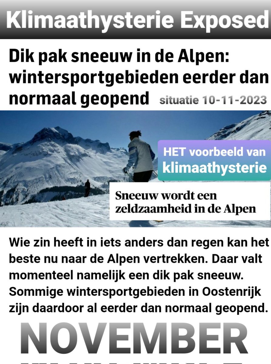TonyHellings's tweet photo. De #klimaathysterie volledig exposed! Er zou nagenoeg geen #sneeuw meer vallen in de #Alpen. Hopeloos zou het zijn. Je zou voor een ski-vakantie toch echt naar Noorwegen moeten. Welnu, wat zien we vandaag? Al vroeg een dik pak sneeuw!! #klimaatzwendelaars #ontmaskerd https://t.co/UnYihkA6wa