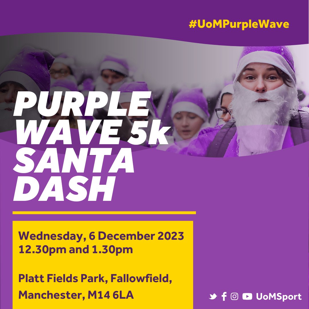 🎅 Join us for the UoM Santa Dash on 6 December! 🏃‍♂️❄️

Kickstart your festive cheer with our merry run. 🎄 

Live music by MUMS is also part of our training for the Purple Wave Great Run in May 2024. Secure your spot today! 🏃‍♂️🎶❄️ #UoMSantaDash #FestiveFun
