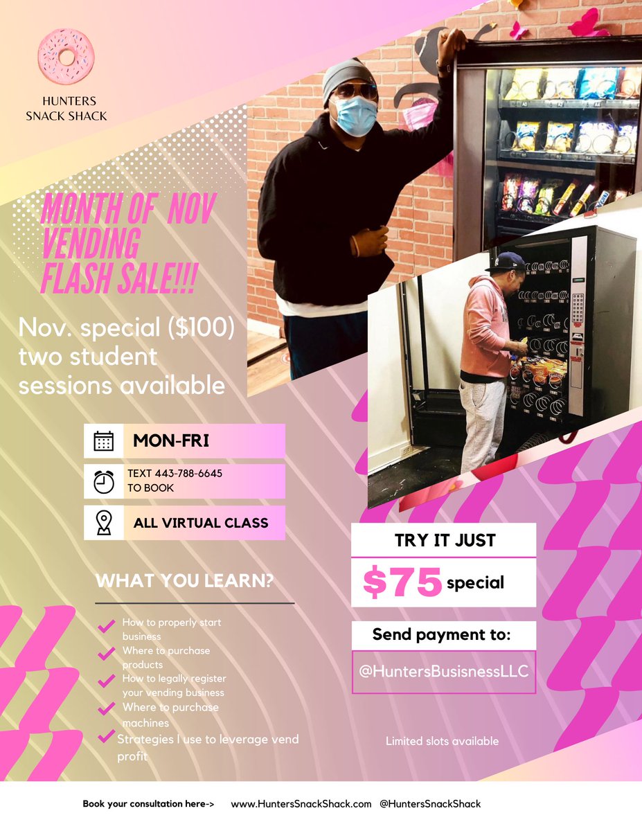 Hunters_Snacks's tweet photo. VENDING CLASSES: Have you been looking to invest or create a avenue of passive income for your family??? ✨💰

November vending classes are now open, limited slots are available (7). 

Start your journey today! First come first served bases. Let’s lock in. 🍿✨💎@Hunters_Snacks https://t.co/ybUOcu1snV