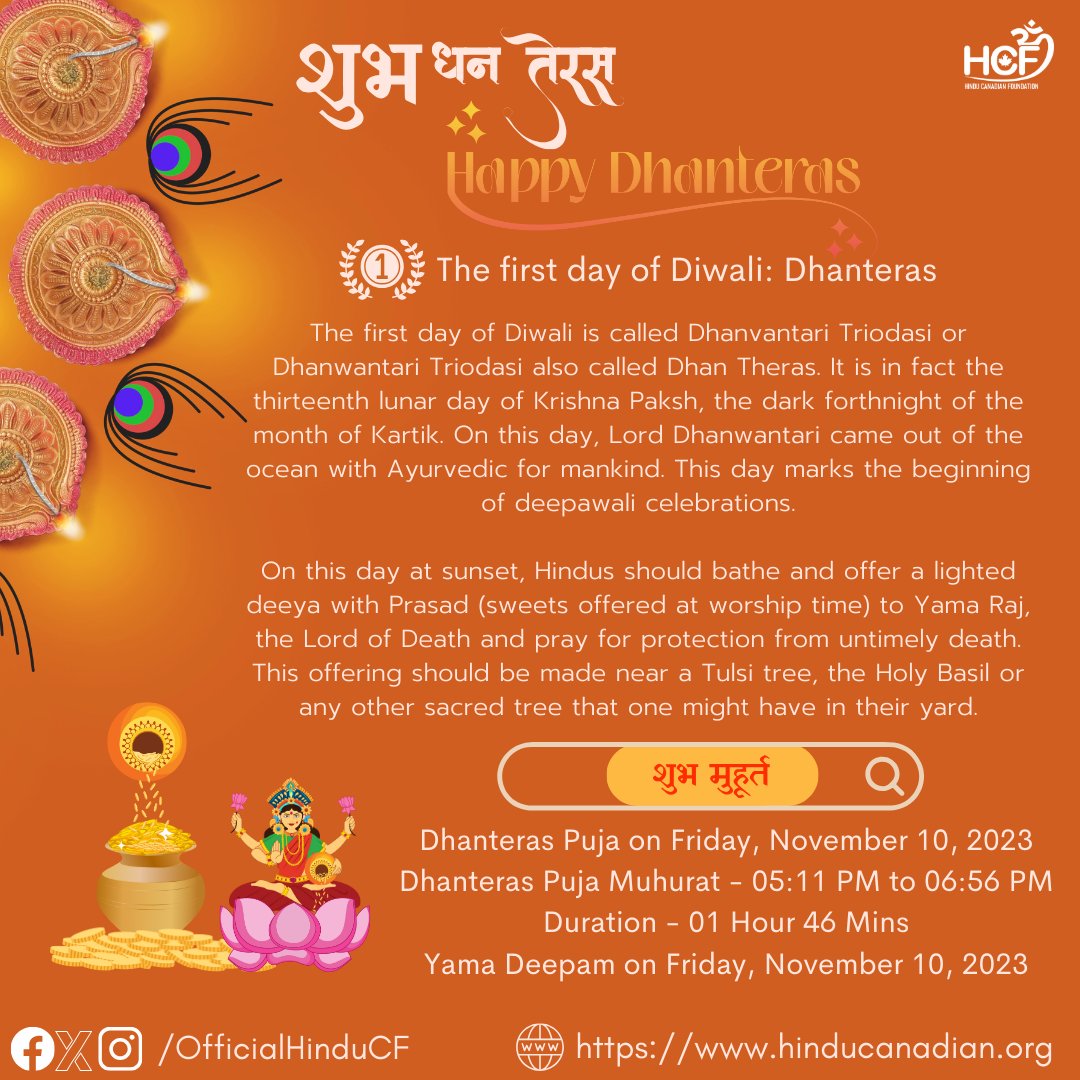 The first day of Diwali: Dhanteras
Wishing Everyone A Very Happy Dhanteras/ Shubh Dhanteras to all.  #dhanteras2023 #deepavali2023 #deepawali #hindu #hindutva #canada #canadianhindus #festivalseason #inclusion #diversity #happiness #love #community #hinduculture #Diwali #Bharat