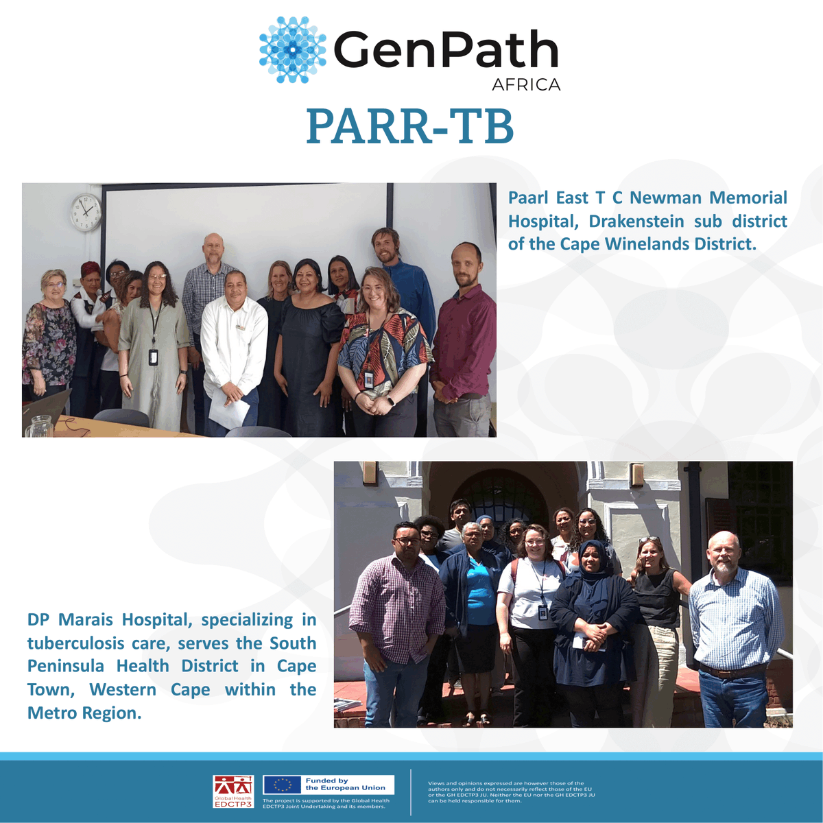 tbgenomics's tweet photo. After the #GenPath PARR-TB sub-substudy stakeholder meeting, @SUhealthsci and @UAntwerpen scientific teams visited the study districts. Thrilled to advance in partnership with SA Public Health institutions. @EDCTP3 @SuMBHG  @ceri_news @LINQ_management @MRCza https://t.co/9UB072rSKV