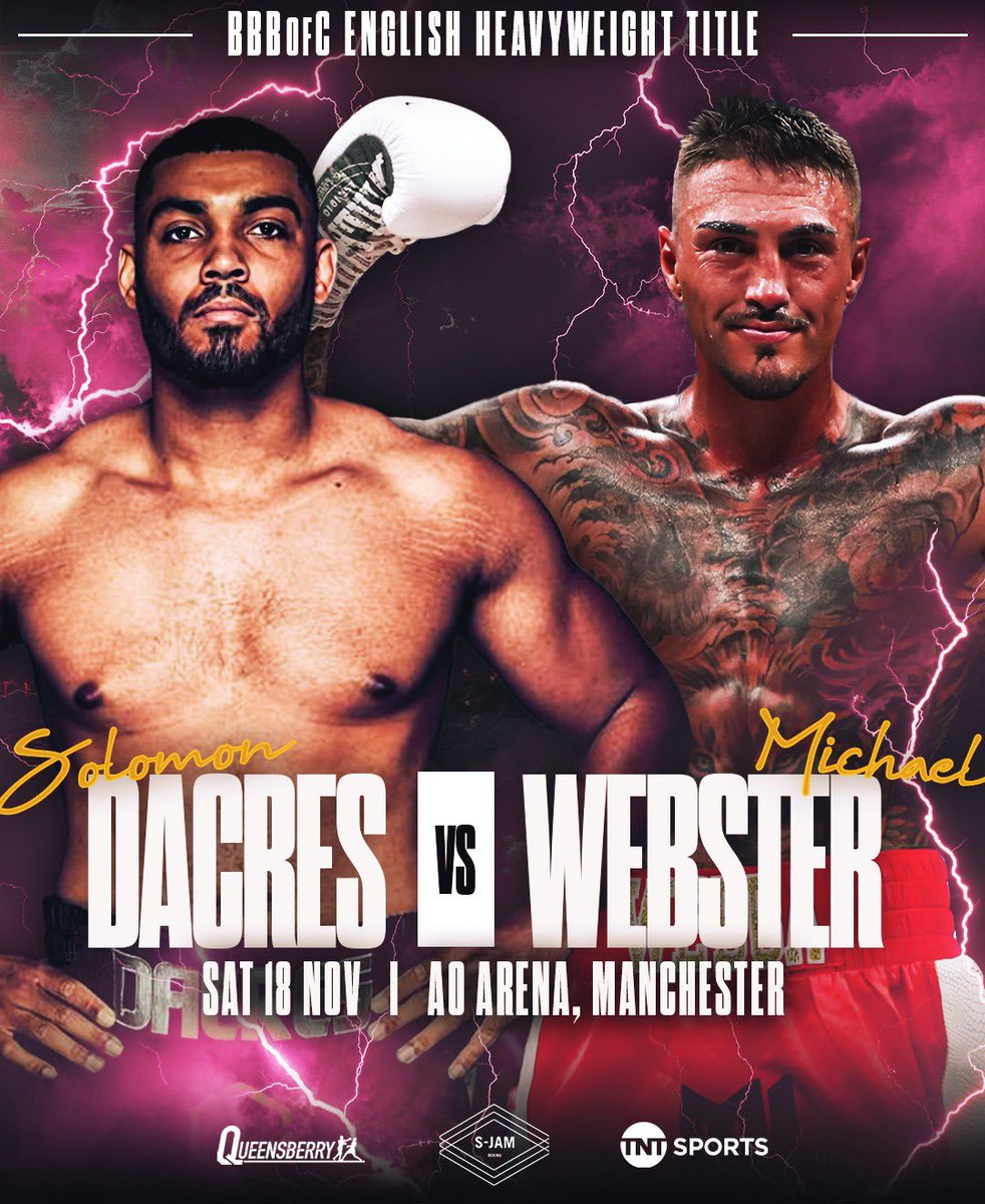 English Heavyweight Title defence 🏴󠁧󠁢󠁥󠁮󠁧󠁿🏆 @SolomonDacres makes his @Queensberry debut next Saturday against Michael Webster in Manchester 💪 @FrankWarren | @boxingontnt