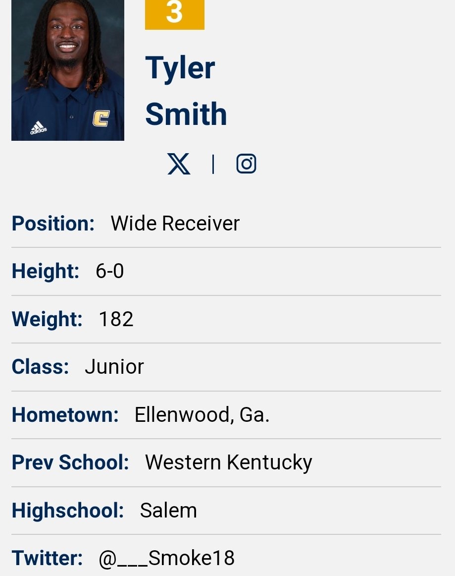 Chattanooga WR Tyler Smith entered the transfer portal; he had 17 rec for 294 yards and 2 TD during his time with the Mocs <a href="/___Smoke18/">Tyler "Smoke" Smith</a>
