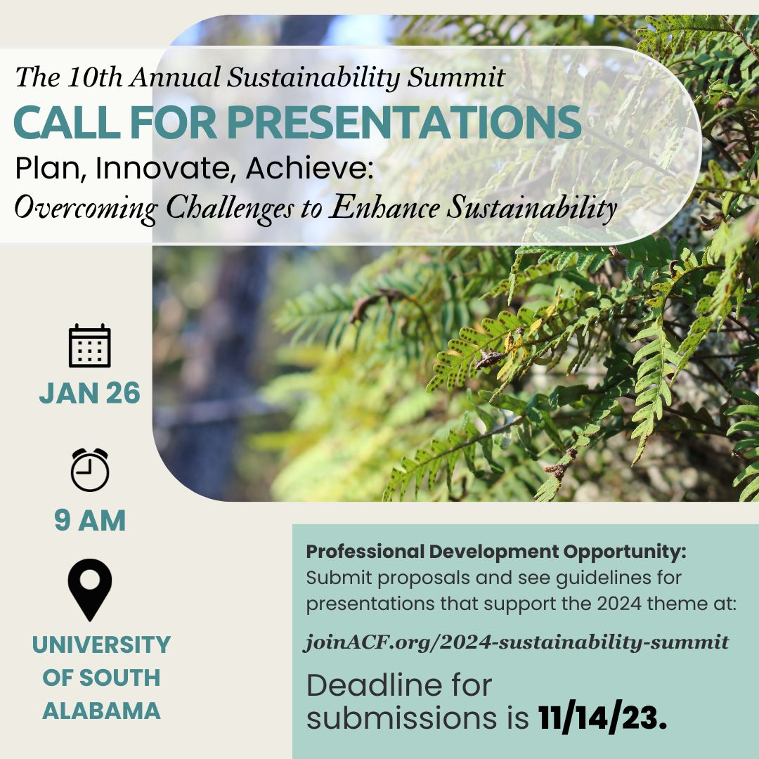 DeepSouthGREEN's tweet photo. Don’t miss the chance to be a presenter at the 2024 Sustainability Summit! Proposals are due by 11/14/23 &amp; should relate to the 2024 theme. Learn more at: https://t.co/8th6EBiKHd
#sustainabilitysummit #coastalpreservation #sustainablecities https://t.co/Qfw43Bxr2P