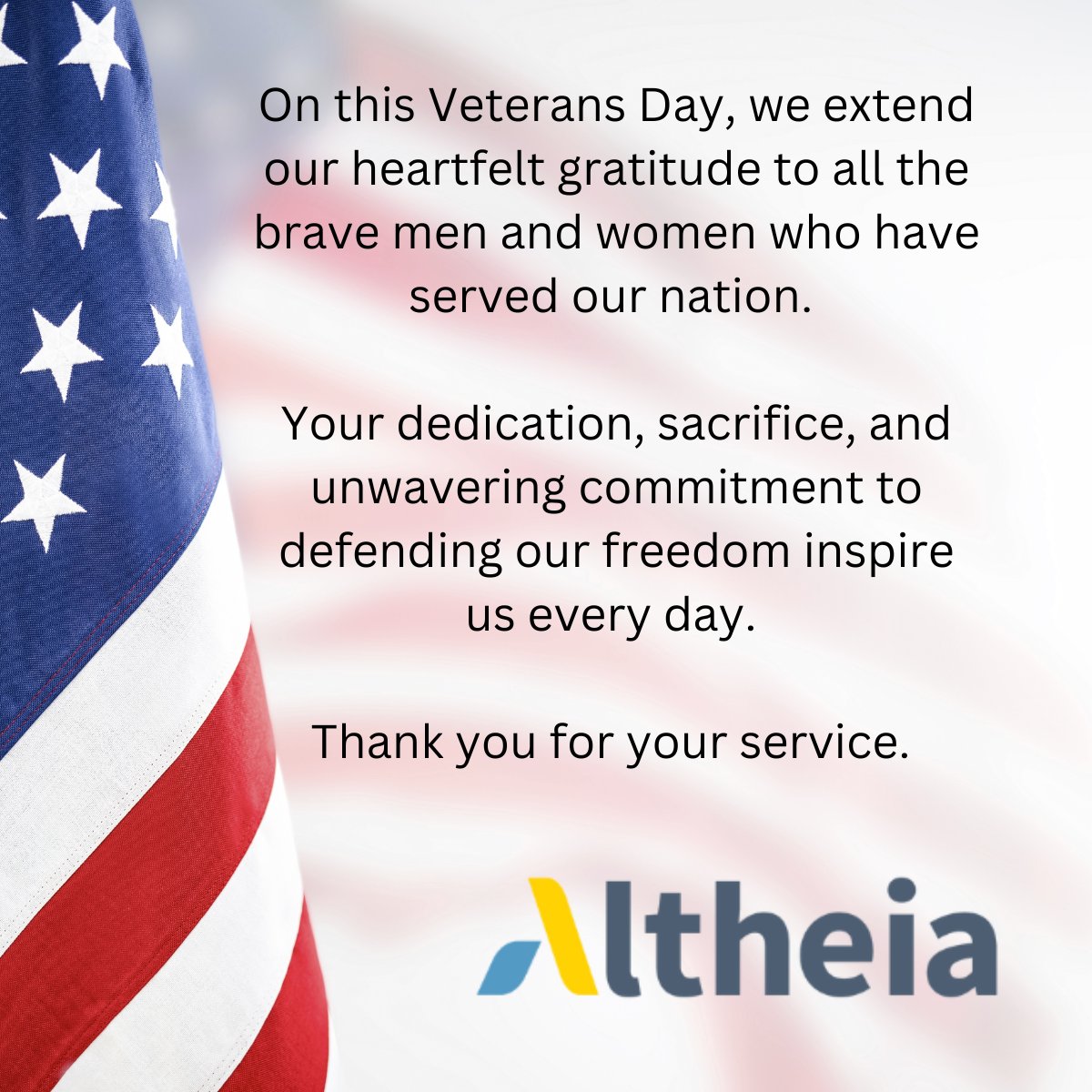 AltheiaCEO's tweet photo. Let us take a moment to reflect on the sacrifices made by our military personnel and their families. May we always remember and appreciate the freedoms we enjoy because of their selfless commitment.

#VeteransDay #ThankYouForYourService #Gratitude https://t.co/ZFdsmbupxm