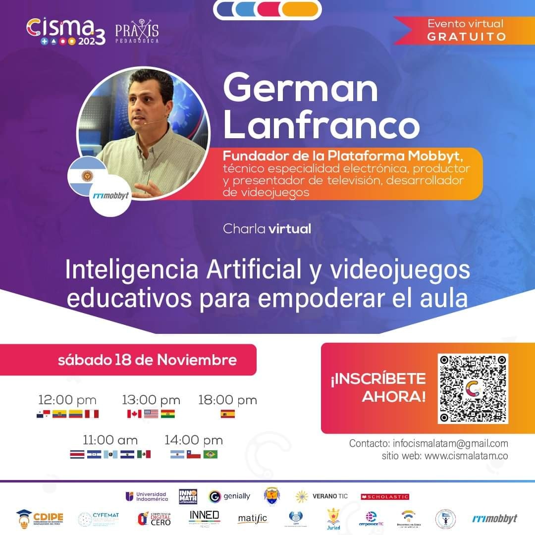 germanlanfranco's tweet photo. Charla de Mobbyt:
#InteligenciaArtificial y #VideojuegosEducativos para empoderar el #aula.

Inscripción:

https://t.co/d5Zi1CWT8O
• 
•
#cisma2023 #conferencia #educación #congresoeducativo #Congreso https://t.co/HMfegPiBWy