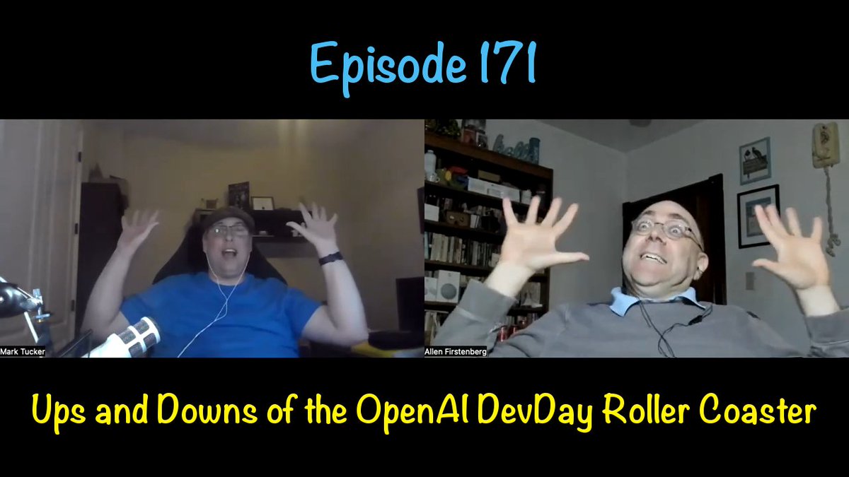 afirstenberg's tweet image. #TwoVoiceDevs - Episode 171
Ups and Downs of the OpenAI DevDay Roller Coaster

@OpenAI&apos;s recent event was a roller coaster of announcements! @marktucker and I break down everything from TTS to GPTs and how this changes #VoiceFirst and #ConversationalAI for developers.