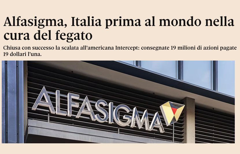 Alfasigma (@alfasigmaspa) on Twitter photo Il <a href="/Sole24Ore/">IlSole24ORE</a> parla del completamento dell’acquisizione di Intercept Pharmaceuticals Inc. da parte di Alfasigma: ilsole24ore.com/art/alfasigma-…
#PassioneAlfasigma #Farmaceuticaperpassione Il <a href="/Sole24Ore/">IlSole24ORE</a> parla del completamento dell’acquisizione di Intercept Pharmaceuticals Inc. da parte di Alfasigma: ilsole24ore.com/art/alfasigma-…
#PassioneAlfasigma #Farmaceuticaperpassione
