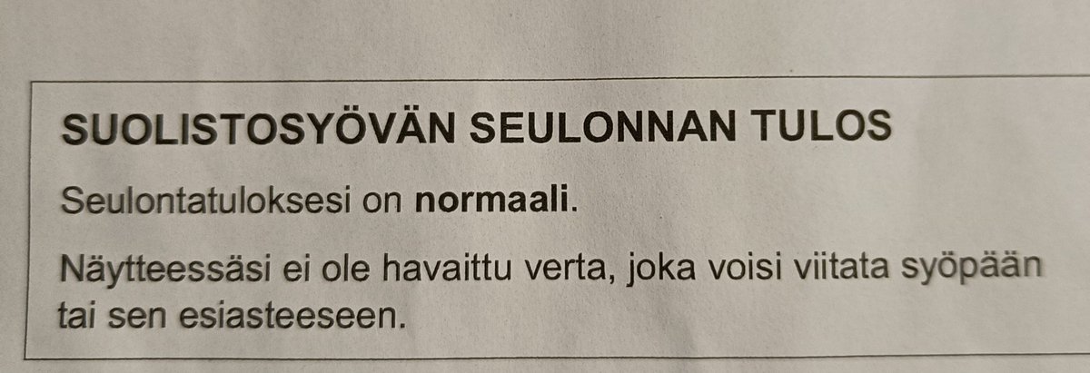 oh3we's tweet photo. #phhyky #fimlab
Ettei aina vain moitittaisi Suomen julkista terveydenhuoltoa:
Yllättäen tuli ilmoitus suolistosyövän seulonnasta.
Toimin, kuten ohjeistettiin ja tulos saapui tänään.
🙏 https://t.co/SpoaysZyKv