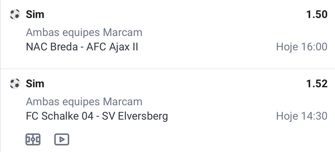 🚀 Dupla do dia 10.11

🏟️ Partidas:

🇩🇪 Schalke x Elvsberg
🇳🇱NAC x Ajax

📊 Odd @ 2.28

💰 Investimento da Aposta: 1 unidade