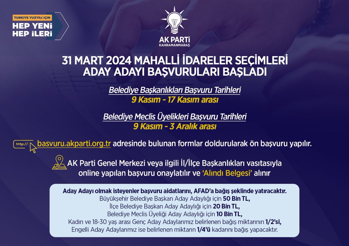 31 Mart 2024 Mahalli İdareler Seçimleri için Aday Adaylığı başvuru süreci başladı.

Sürecin AK Partimiz ve Aday Adaylarımız için hayırlı olmasını diliyoruz.