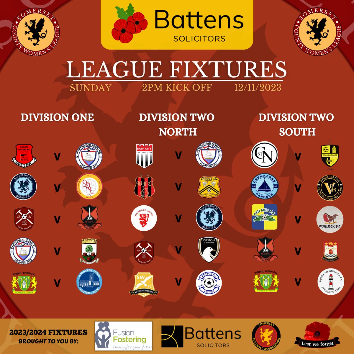 𝑆𝑈𝑁𝐷𝐴𝑌 𝐹𝐼𝑋𝑇𝑈𝑅𝐸𝑆 ⚽️

As always through the winter please check with the home team before travelling as games may be postponed or moved to another location.

A reminder to all teams to hold a minutes silence prior to kick off to remember those we have lost.