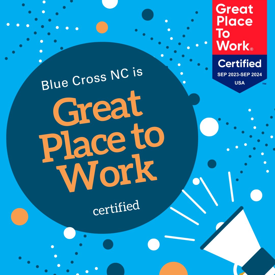 So proud that we certified as a #GreatPlaceToWork for the eighth year in a row! We’re committed to making #LifeAtBlueCrossNC an environment where everyone can thrive, grow and feel proud of our shared impact. bit.ly/47w4apD