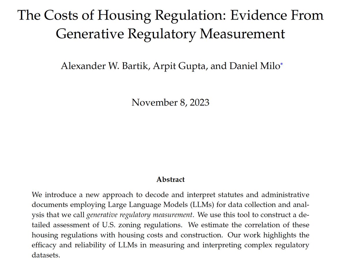 📢New paper on AI and Zoning with <a href="/AlexBartik/">AlexBartik</a> and <a href="/DMilo75/">Daniel Milo</a>

We introduce generative regulatory measurement: a new method to use LLMs to parse the underlying meaning of regulatory texts

We use AI to figure out what zoning and housing regulations are, and connect them to outcomes