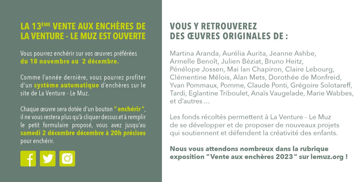 J - 8 avant l'ouverture de la 13 ème  Vente aux enchères de l'association La Venture - Le Muz !