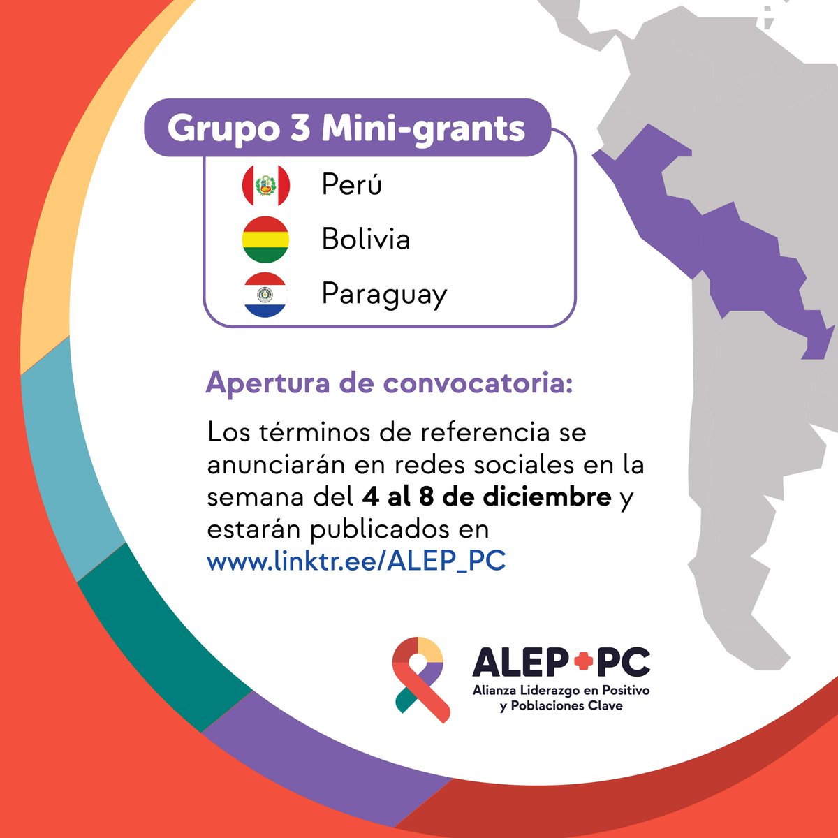 𝗔𝗟𝗘𝗣+𝗣𝗖 | ¡Atención! Se aproximan los 𝗠𝗶𝗻𝗶-𝗴𝗿𝗮𝗻𝘁𝘀 💰

Los términos de referencia serán lanzamos por grupos de países, ¡verifica en esta publicación cuándo abre la convocatoria en tu país! 😉

Debes estar pendiente a nuestras redes sociales para más detalles. 👀