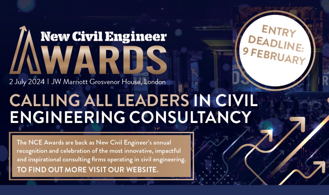 The NCE Awards are back as New Civil Engineer’s annual recognition and celebration of the most innovative, impactful and inspirational consulting firms operating in civil engineering. 
Start your entry today: bit.ly/49sMrkH
#NCEAwards #newcivilengineer #awards