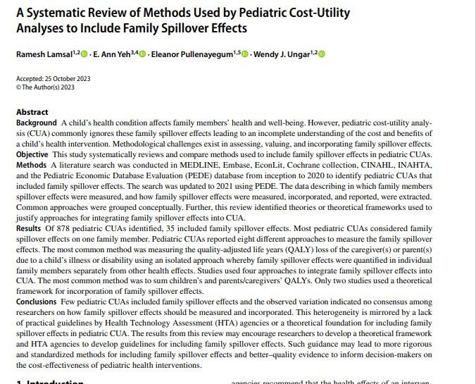 Ramesh Lamsal 🇳🇵 🇨🇦 (@ecohealthramesh) on Twitter photo I am pleased to share a manuscript from my PhD. I delved into how pediatric CUAs measure, incorporate and report family spillover effects <a href="/ChildHealthEcon/">Economics of Children's Health & Wellbeing</a> <a href="/DSCCollab/">DSCCo Collaborative</a> #spillovereffects
link.springer.com/article/10.100… I am pleased to share a manuscript from my PhD. I delved into how pediatric CUAs measure, incorporate and report family spillover effects <a href="/ChildHealthEcon/">Economics of Children's Health & Wellbeing</a> <a href="/DSCCollab/">DSCCo Collaborative</a> #spillovereffects
link.springer.com/article/10.100…