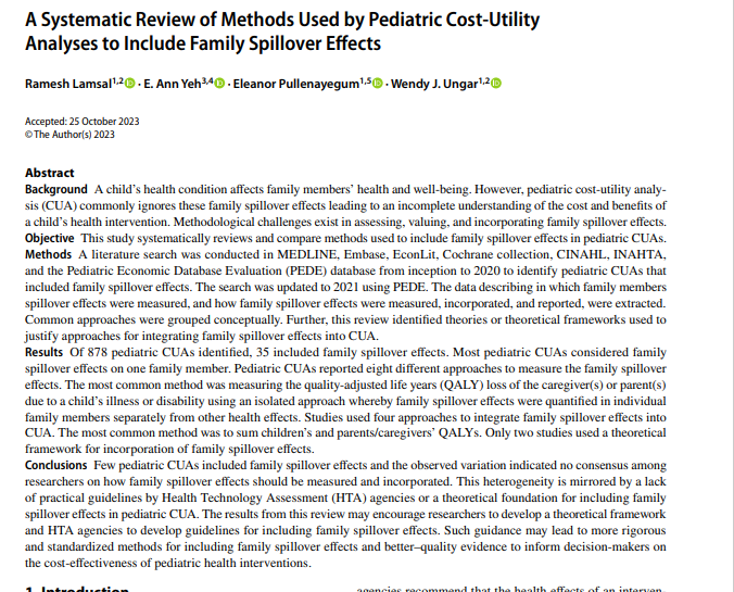 I am pleased to share a manuscript from my PhD. I delved into how pediatric CUAs measure, incorporate and report family spillover effects @ChildHealthEcon @DSCCollab #spillovereffects link.springer.com/article/10.100…