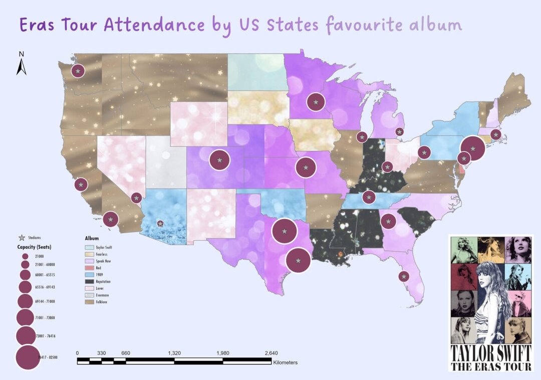 douldles's tweet photo. In light of the #30DayMapChallenge that my company @ArcadisGlobal is hosting, I present to you ....

Day 10 - North America

I decided to focus it around Tay Swift!  It demonstrates the attendance of her American leg of the Eras Tour alongside each states favourite album 🦋🌲🐱🏟️ https://t.co/Ni9WYEMx50